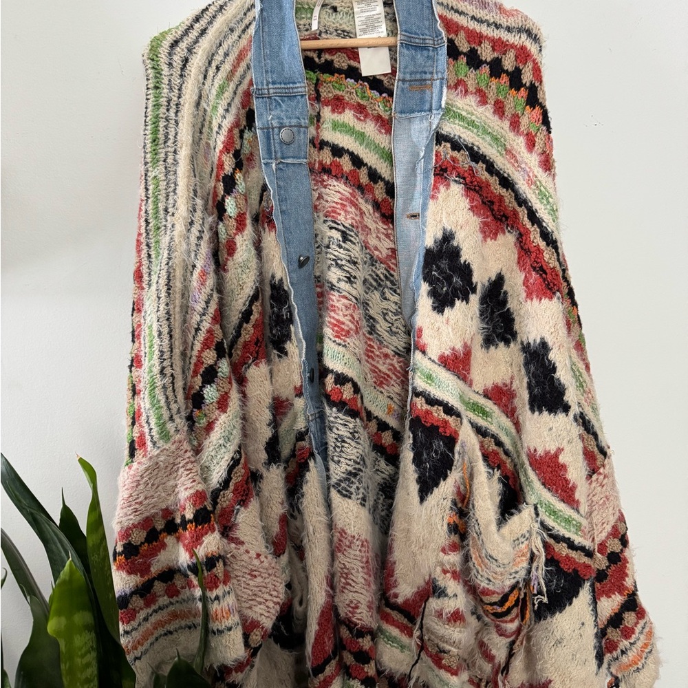 Free People Running Wild Poncho - Knit Cardigan with Denim Details